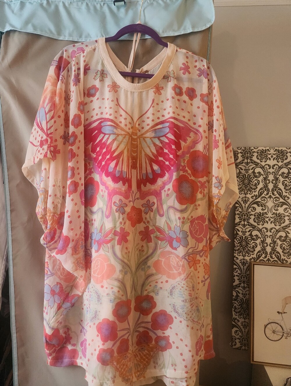 Women's Butterfly Floral Print Tunic Top - Pink Multi